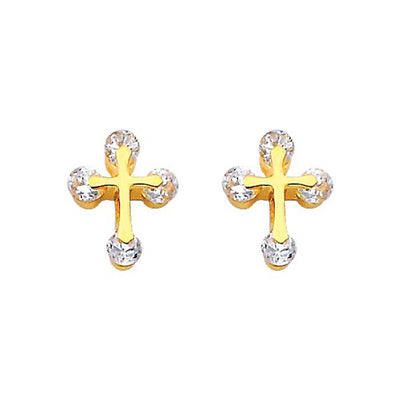 14K Yellow Gold 8mm Cross CZ Stud Earrings - Screw Back