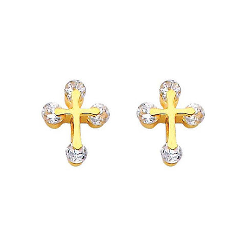 14K Yellow Gold 8mm Cross CZ Stud Earrings - Screw Back
