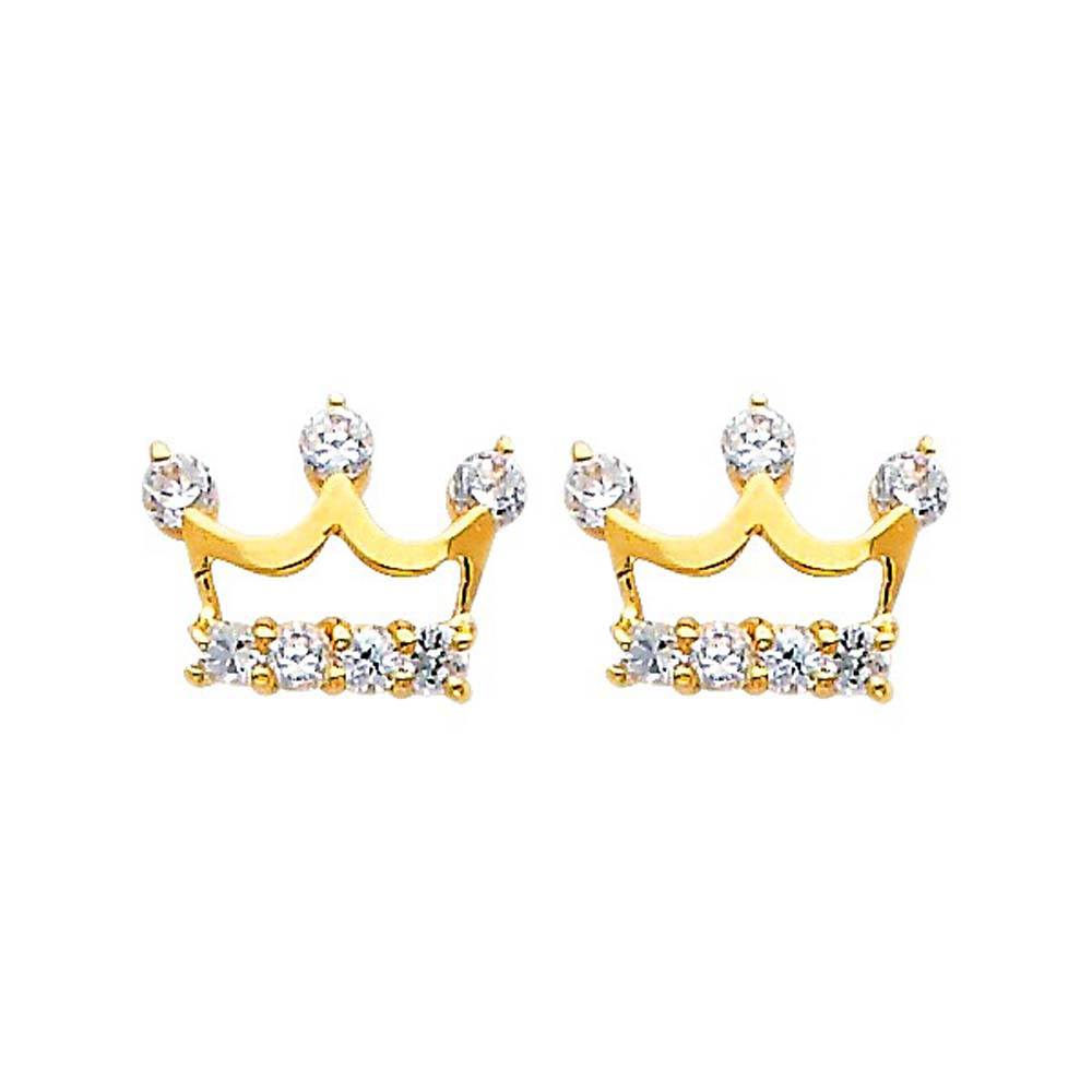 14K Yellow Gold 10mm Crown CZ Stud Earrings - Screw Back