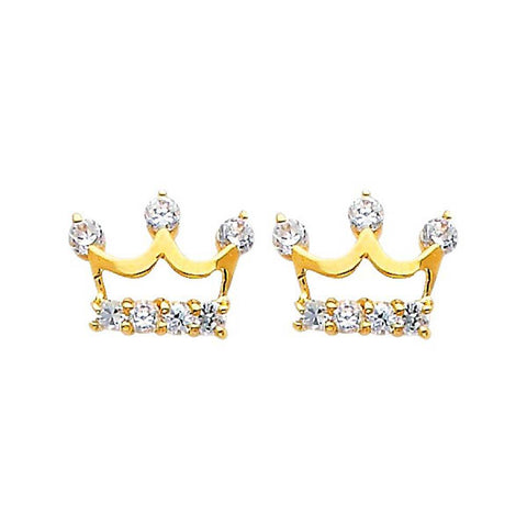 14K Yellow Gold 10mm Crown CZ Stud Earrings - Screw Back