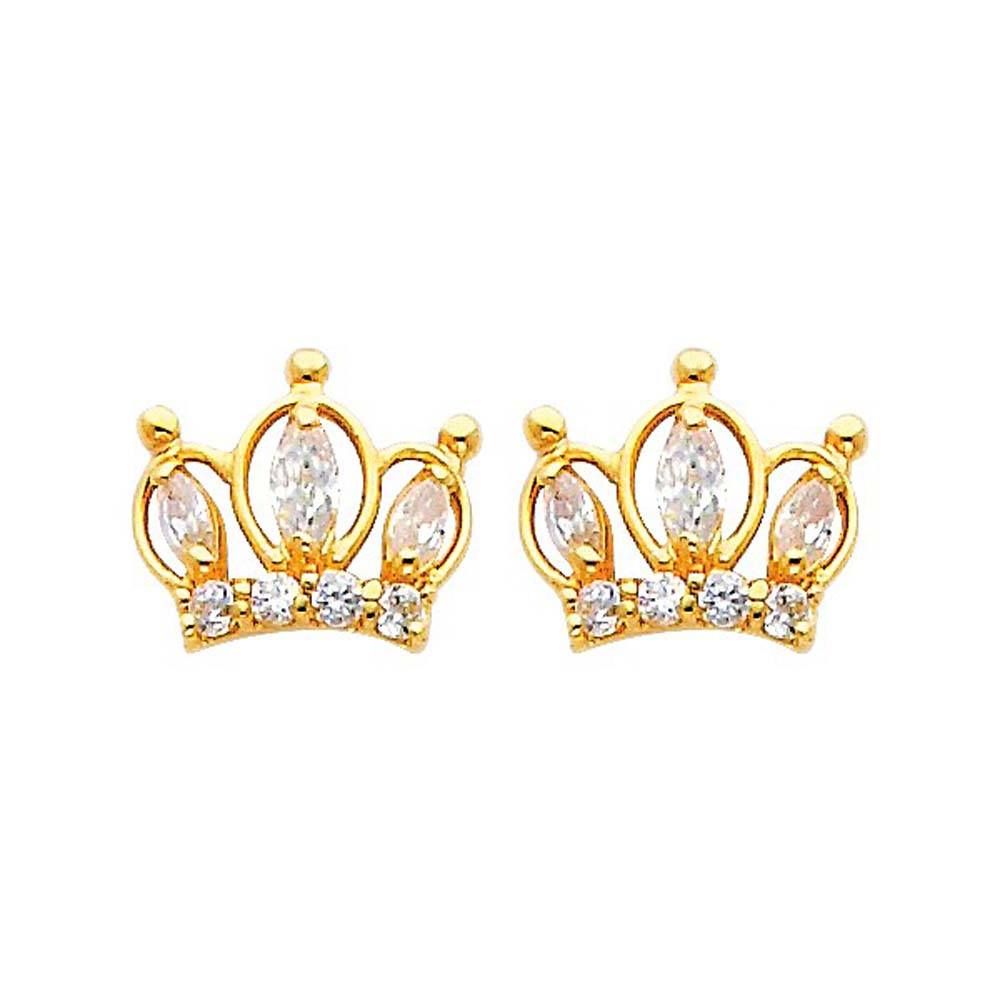 14K Yellow Gold 10mm Crown CZ Stud Earrings - Screw Back