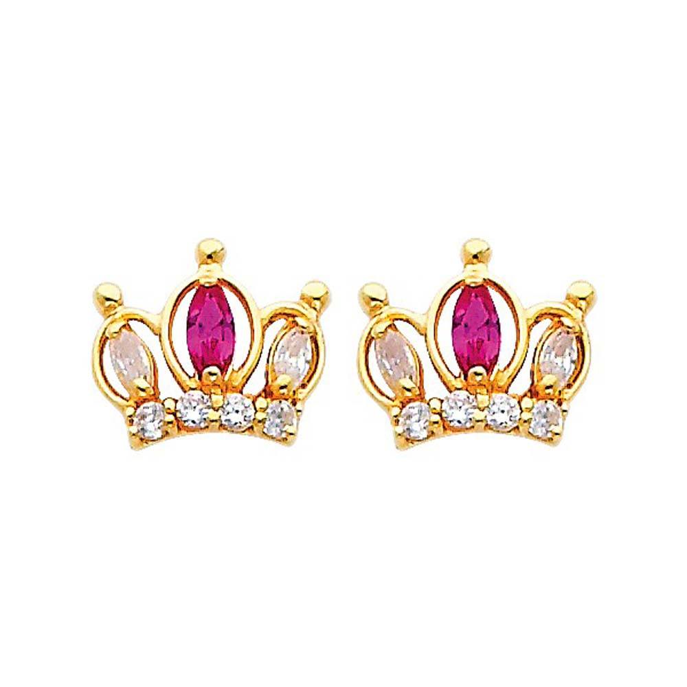 14K Yellow Gold 10mm Crown Ruby CZ Stud Earrings - Screw Back