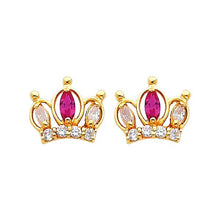 Load image into Gallery viewer, 14K Yellow Gold 10mm Crown Ruby CZ Stud Earrings - Screw Back