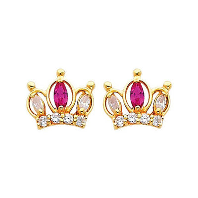 14K Yellow Gold 10mm Crown Ruby CZ Stud Earrings - Screw Back
