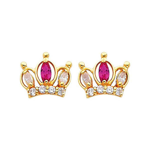 14K Yellow Gold 10mm Crown Ruby CZ Stud Earrings - Screw Back