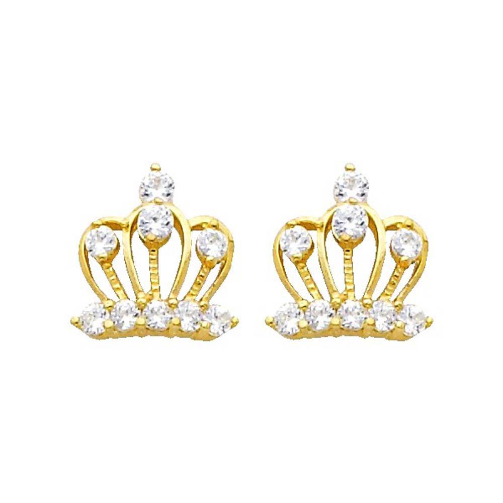 14K Yellow Gold 8mm Crown CZ Stud Earrings - Screw Back