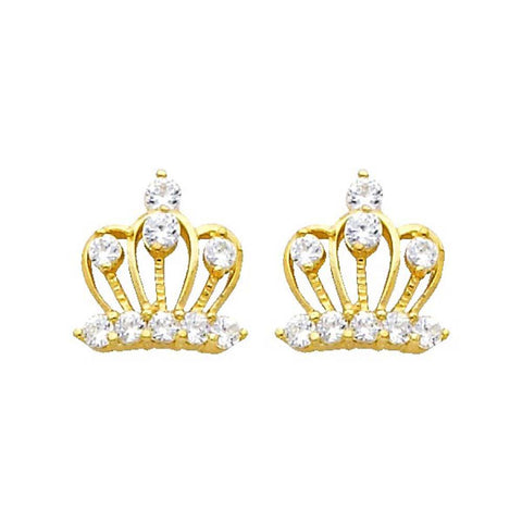 14K Yellow Gold 8mm Crown CZ Stud Earrings - Screw Back