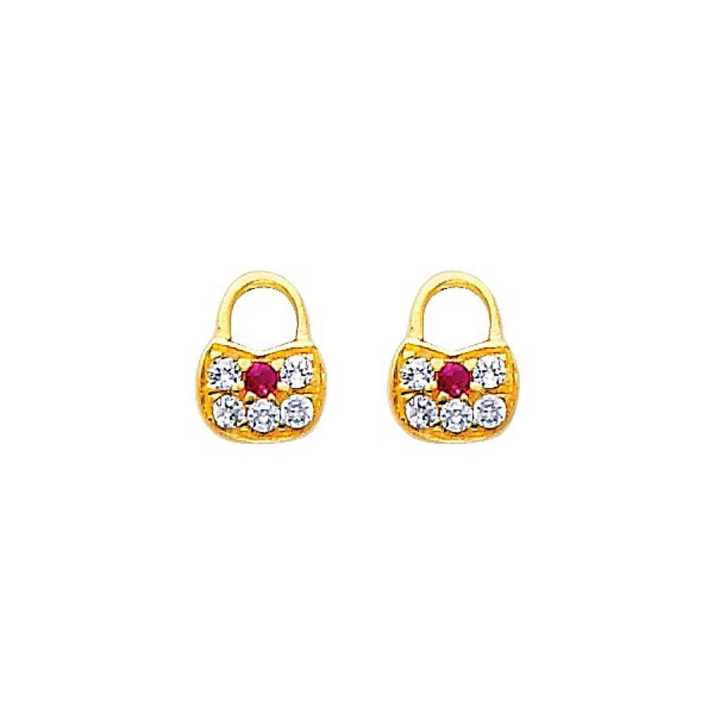 14K Yellow Gold 5mm Lock CZ Stud Earrings - Screw Back