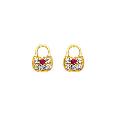 14K Yellow Gold 5mm Lock CZ Stud Earrings - Screw Back