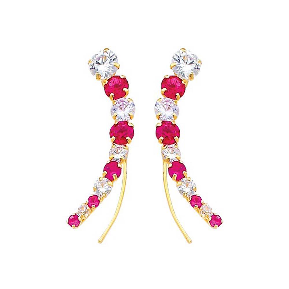 14K Yellow Gold Red and White CZ Hanging Earrings