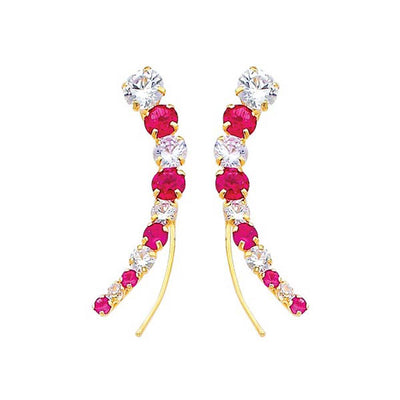 14K Yellow Gold Red and White CZ Hanging Earrings