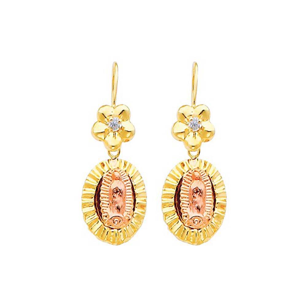14K Yellow Gold Our Lady Guadalupe CZ Hanging Earrings