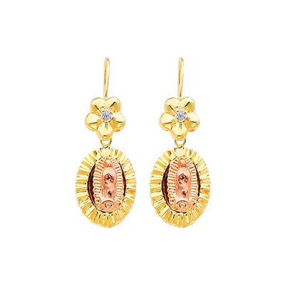 14K Yellow Gold Our Lady Guadalupe CZ Hanging Earrings