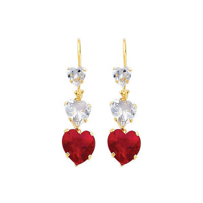 14K Yellow Gold Red and White CZ Hanging Earrings