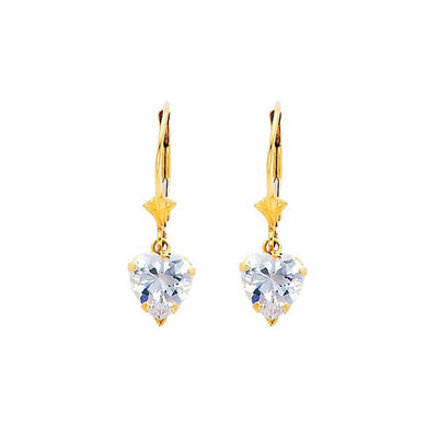 14K Yellow Gold White CZ Heart shape Hanging Earrings