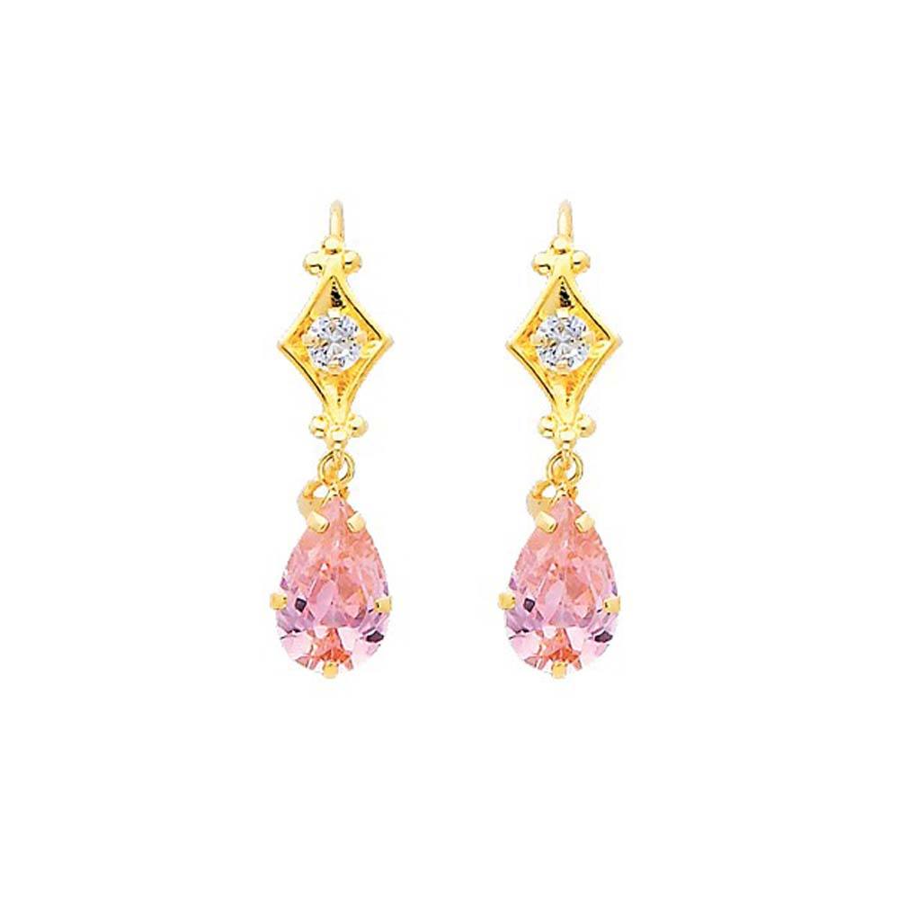 14K Yellow Gold Pink and White CZ Hanging Earrings