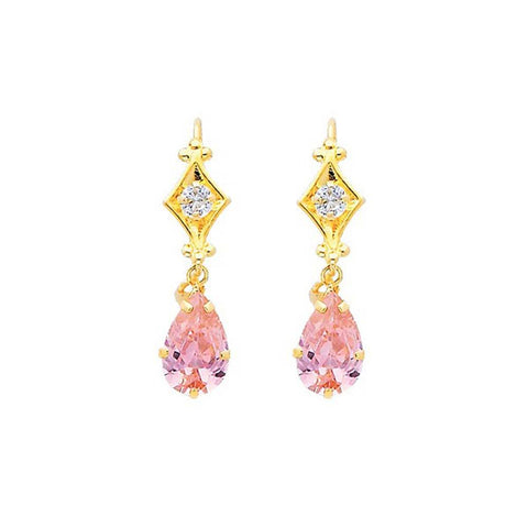 14K Yellow Gold Pink and White CZ Hanging Earrings