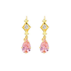 14K Yellow Gold Pink and White CZ Hanging Earrings