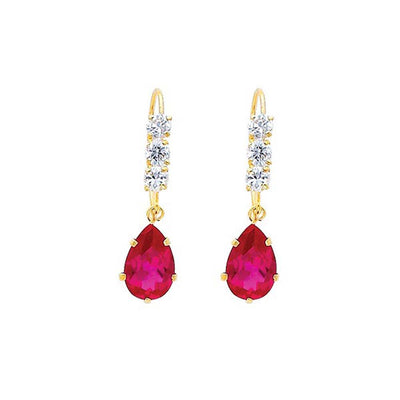 14K Yellow Gold Red and White CZ Hanging Earrings
