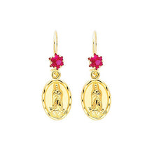 Load image into Gallery viewer, 14K Yellow Gold Our Lady Guadalupe Red CZ Hanging Earrings