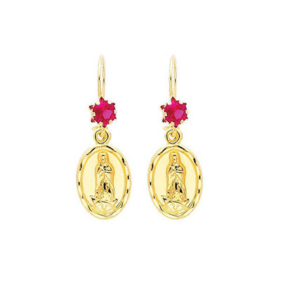 14K Yellow Gold Our Lady Guadalupe Red CZ Hanging Earrings