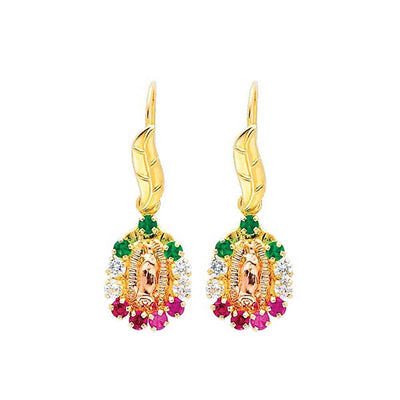 14K Yellow Gold Our Lady Guadalupe Red,White and Green CZ Hanging Earrings