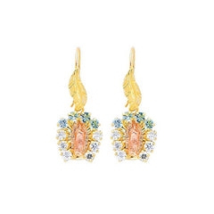 14K Yellow Gold Our Lady Guadalupe Blue and White CZ Hanging Earrings
