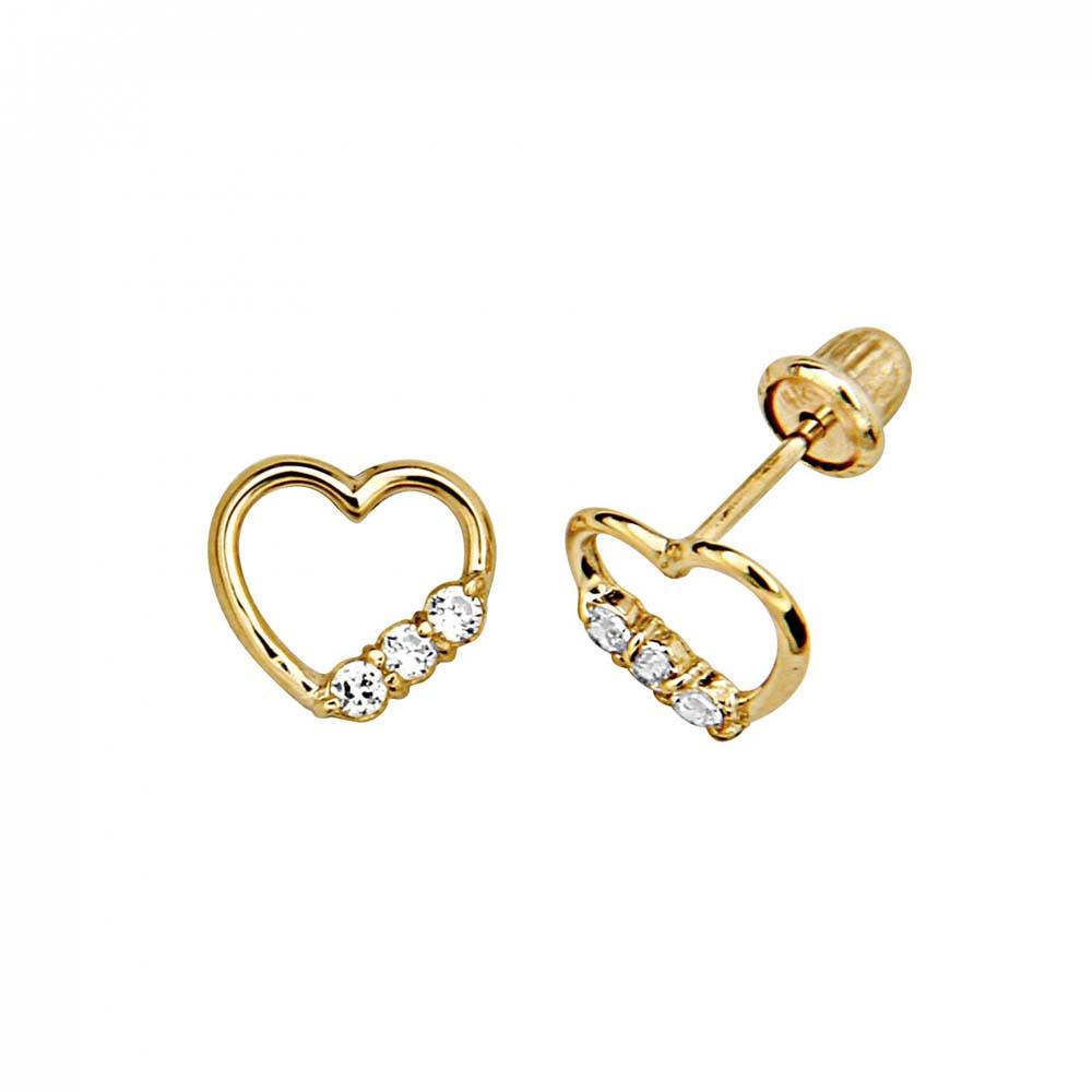 14k Yellow Gold Heart CZ Stud Earrings With Screw Back