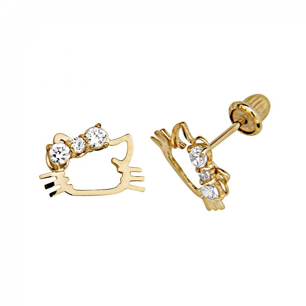 14K Yellow Gold Cat CZ Stud Earrings - Screw Back