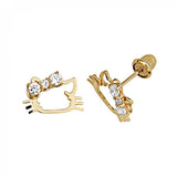14K Yellow Gold Cat CZ Stud Earrings - Screw Back
