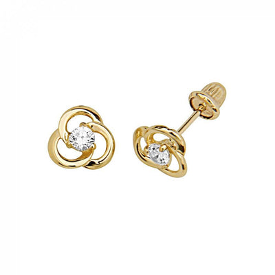 14K Yellow Gold Flower CZ Stud Earrings - Screw Back