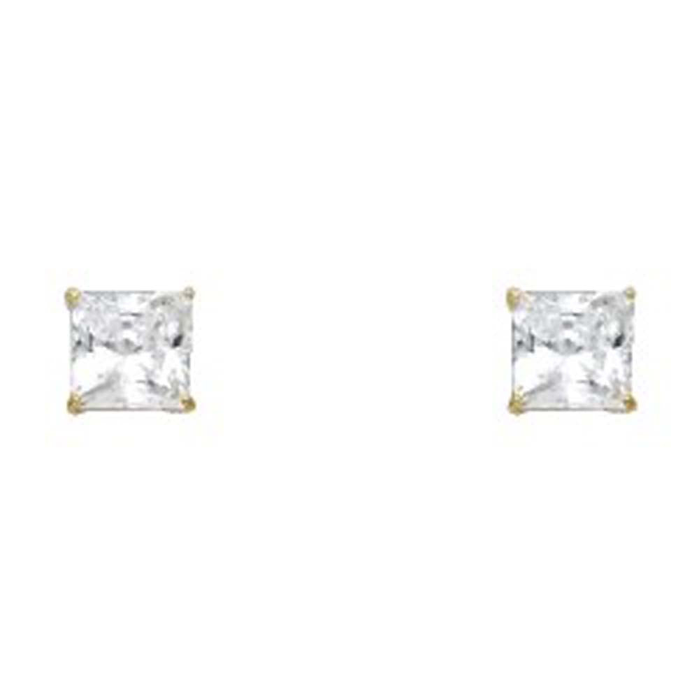 14k Yellow Gold 7mm Princess CZ Solitaire Basket Stud Earrings With Silcone Screw Back