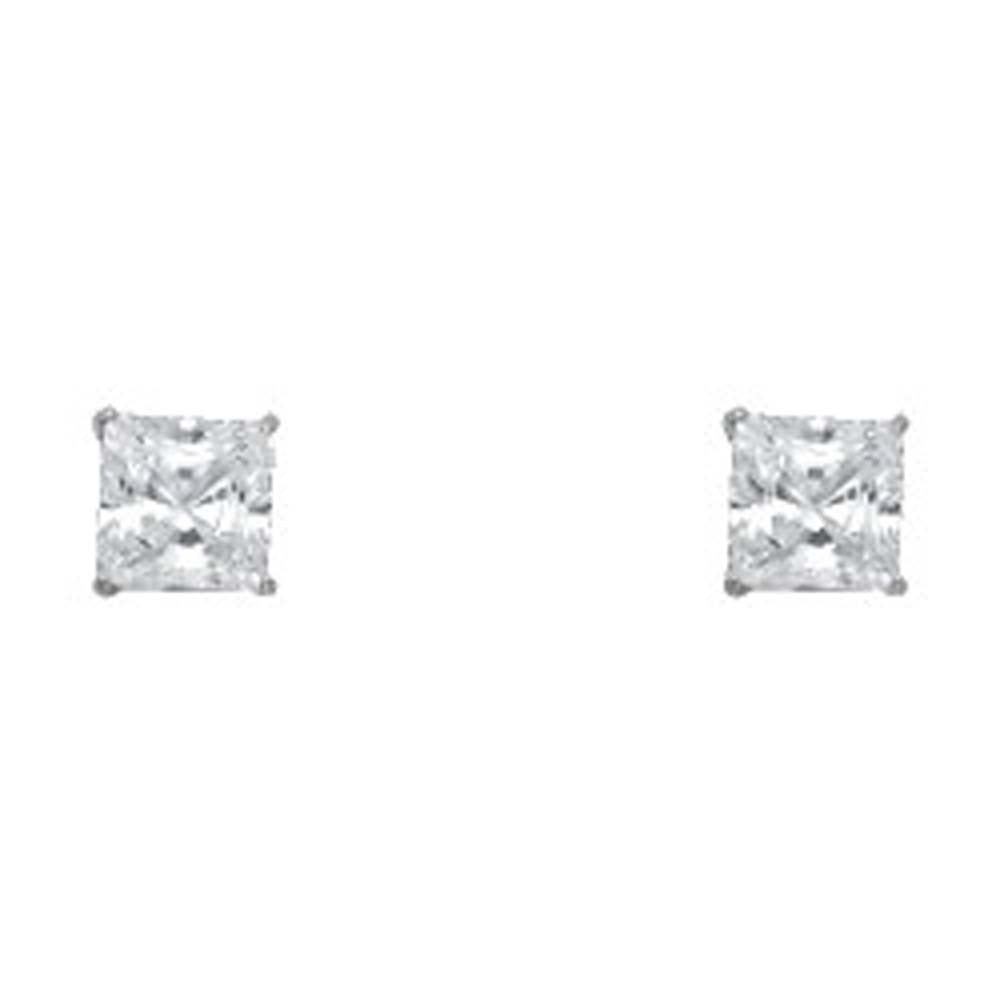 14k White Gold 7mm Princess CZ Solitaire Basket Stud Earrings With Silcone Screw Back
