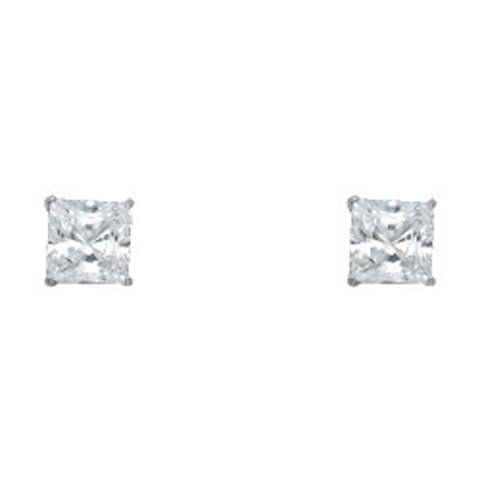 14k White Gold 7mm Princess CZ Solitaire Basket Stud Earrings With Silcone Screw Back