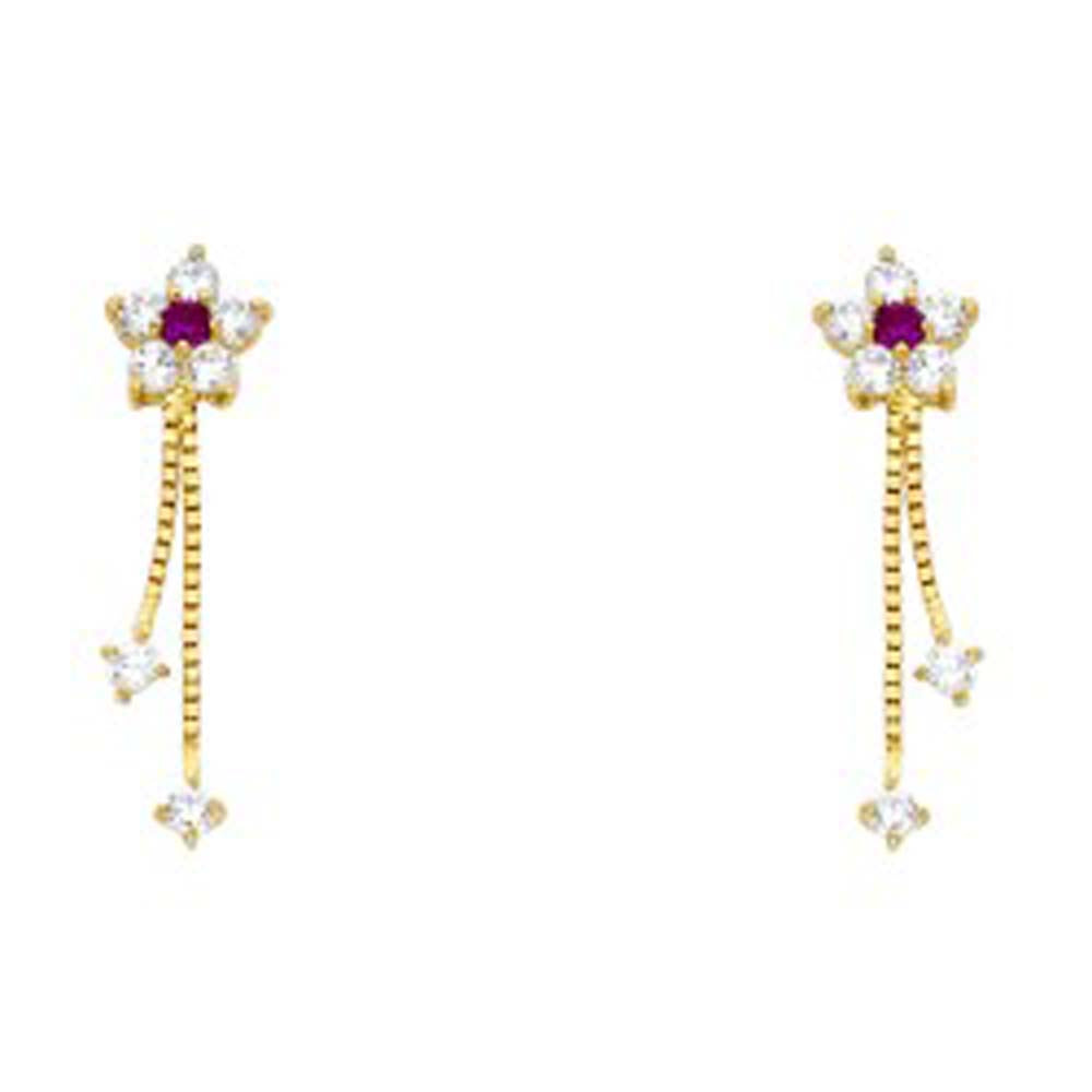 14k Yellow Gold Flower with Ruby and Clear CZ Screw Back Stud Earring