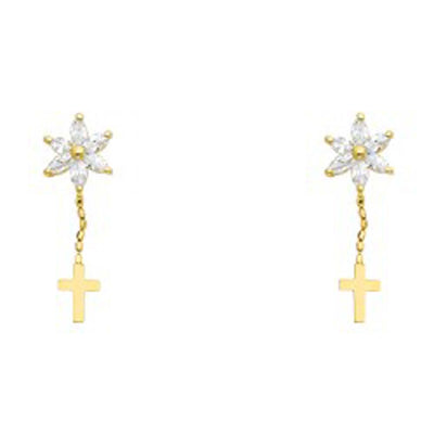 14k Yellow Gold Flower And Cross CZ Assorted Stud Earrings With Screw Back