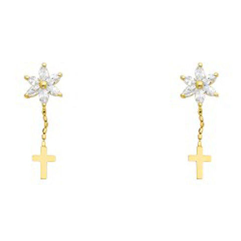 14k Yellow Gold Flower And Cross CZ Assorted Stud Earrings With Screw Back