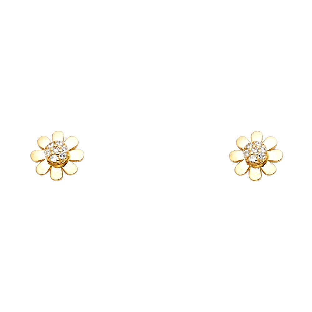 14k Yellow Gold Flower CZ Assorted Stud Earrings With Screw Back