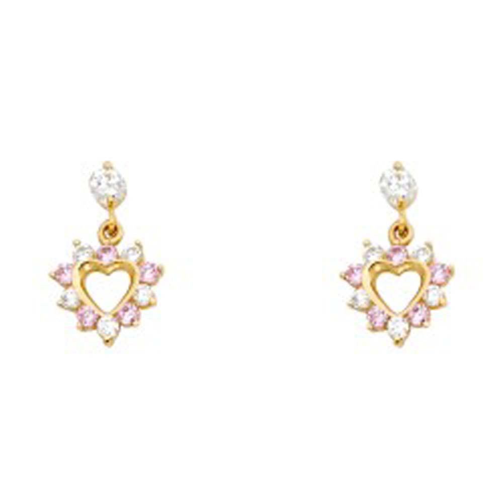 14k Yellow Gold Heart Pink And Clear CZ Assorted Stud Earrings With Screw Back