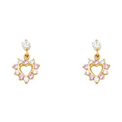 14k Yellow Gold Heart Pink And Clear CZ Assorted Stud Earrings With Screw Back