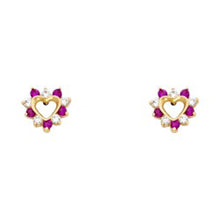 Load image into Gallery viewer, 14k Yellow Gold Heart Ruby And Clear CZ Stud Earrings With Screw Back