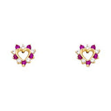 14k Yellow Gold Heart Ruby And Clear CZ Stud Earrings With Screw Back