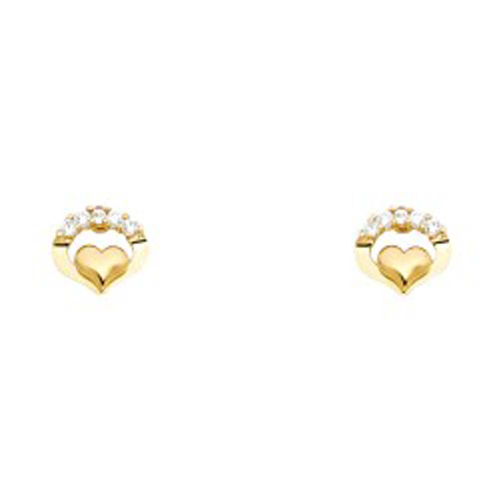 14k Yellow Gold Heart CZ Stud Earrings With Screw Back