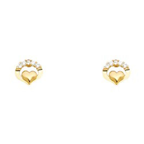 14k Yellow Gold Heart CZ Stud Earrings With Screw Back