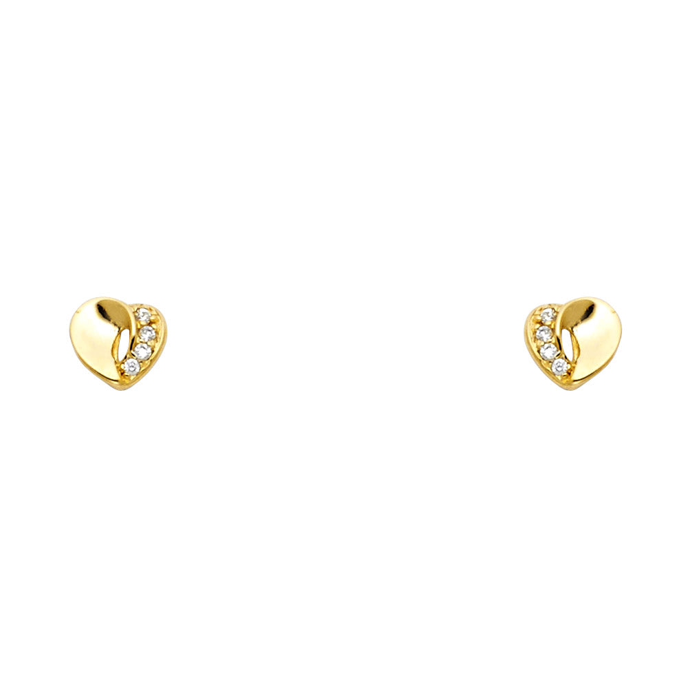 14k Yellow Gold Heart CZ Stud Earrings With Screw Back