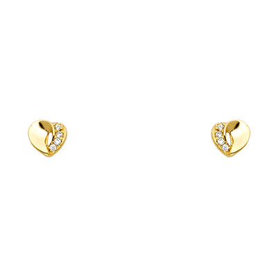 14k Yellow Gold Heart CZ Stud Earrings With Screw Back