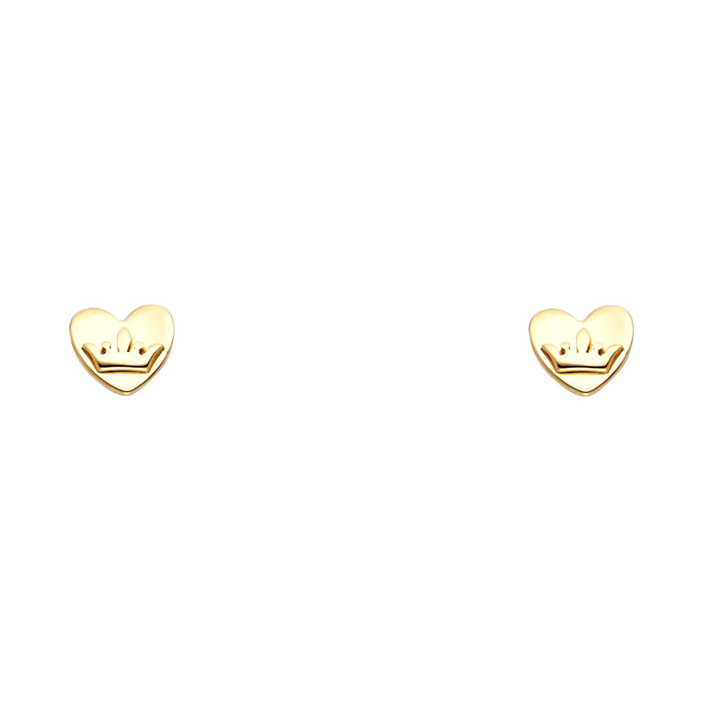 14k Yellow Gold Heart Crown Stud Earrings With Screw Back