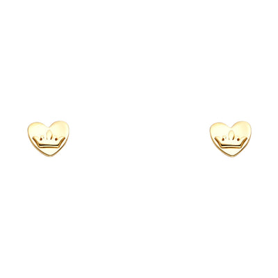 14k Yellow Gold Heart Crown Stud Earrings With Screw Back