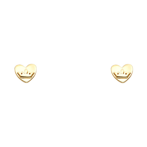 14k Yellow Gold Heart Crown Stud Earrings With Screw Back