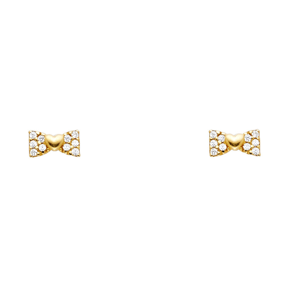 14k Yellow Gold Bow CZ Stud Earrings With Screw Back